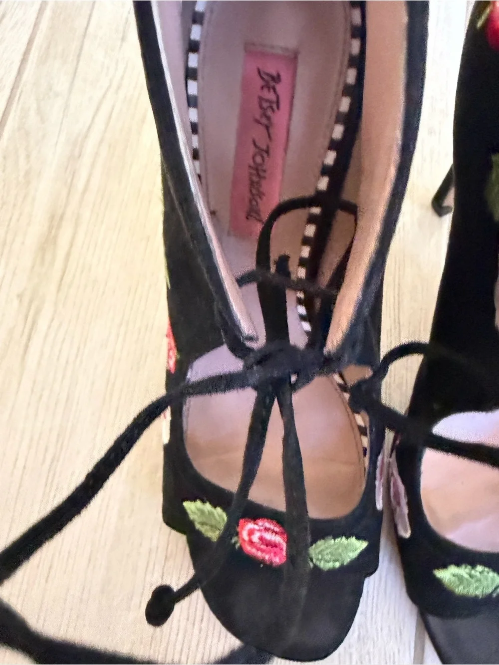 Black Rose Embroidered Peep-Toe Heel with Ankle Tie